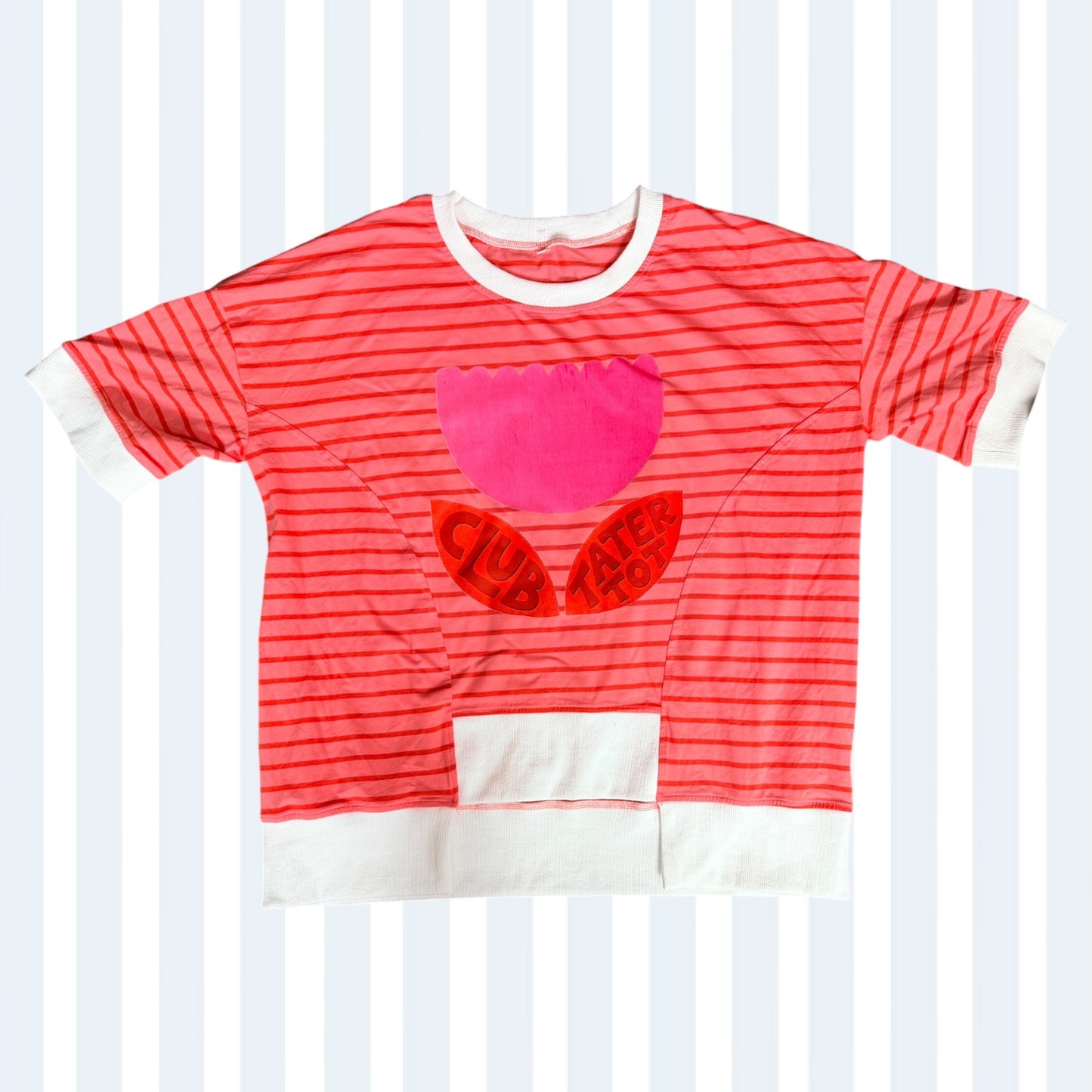 Coral and Red Striped Flower Patch Tee S