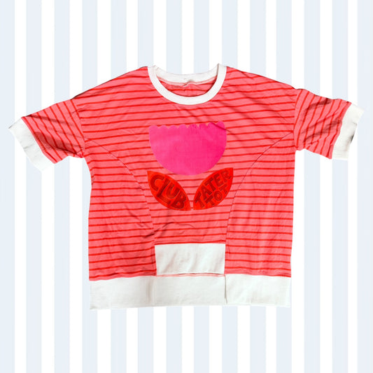 Coral and Red Striped Flower Patch Tee S